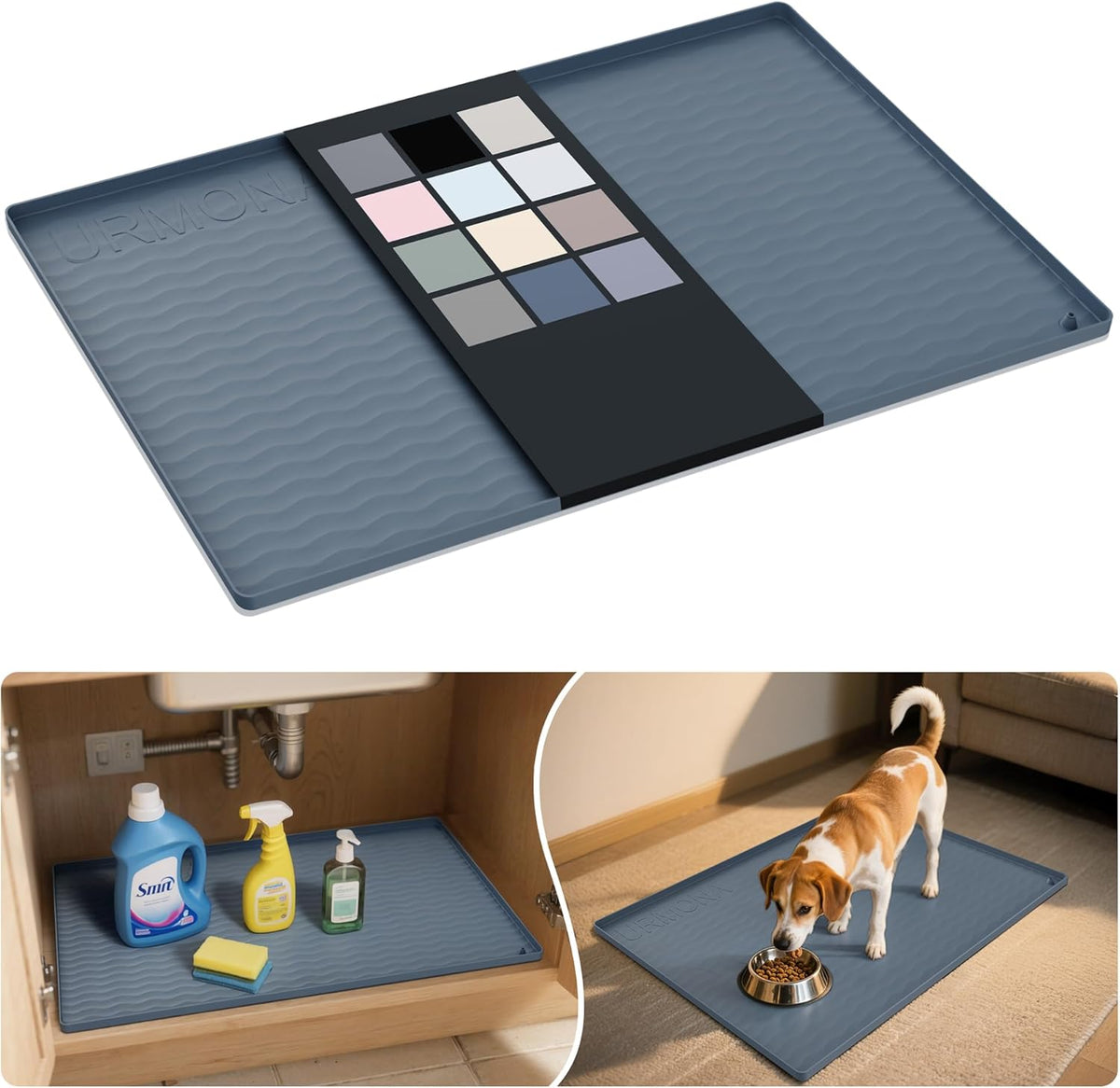 URMONA Waterproof Silicone Under Sink Mat 34'' x 22'' Shelf Liner for Kitchen and Bathroom, Cabinet and Counter Protector, Storage and Organizers, Litter Mat, Pet Cat Puppy Essentials(Dark Grey)