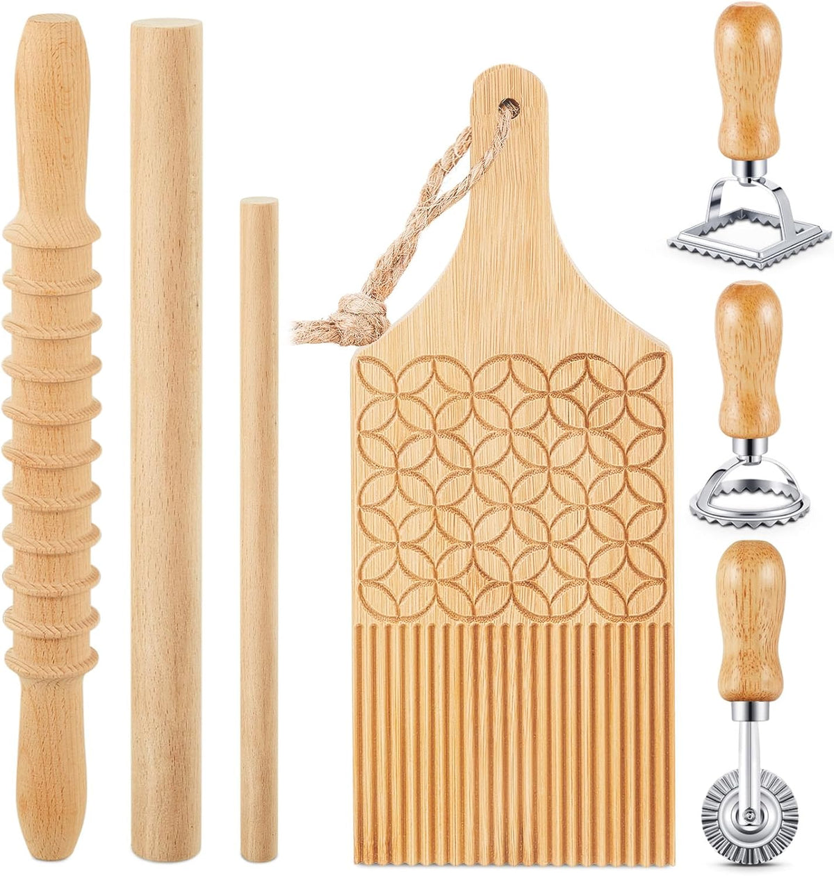 Tioncy 7 Pcs Gnocchi Pasta Making Tool, Wood Gnocchi Board with Ravioli Stamp and Rolling Pin Set Homemade Kitchen Gift for Baking Lovers(Dumpling Style)