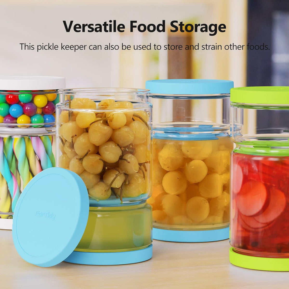 Glass Pickle Jar with Strainer for Pickle Lover - 45 Oz Leakproof and Airtight Juice Separator for Olive, Gherkin, Chilli, BPA Free, Dishwasher and Refrigerator Safe (White&Blue, 45oz*2pcs)