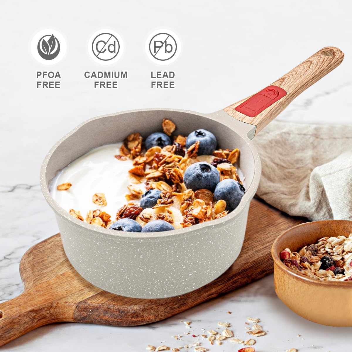 2.3 Quart Nonstick Saucepan with Lid, Small Sauce Pan for Cooking Milk Pot with Detachable Handle, Compatible for All Stoves, Oven Safe (White)