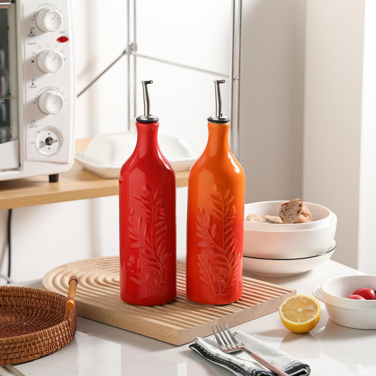 Sweejar Large Olive Oil Dispenser Bottle with Spout, 24 Oz Ceramic Oil Dispenser for Kitchen, Relief Opaque Cruet, Container for Cooking, EVOO, Vinegar, Pack of 1 (Red)