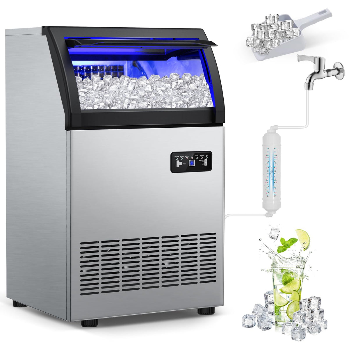Commercial Ice Maker 260Lbs/24H, Ice Machine 72pcs Ice Cubes, Freestanding Ice Maker Machine with Water Line and Filter, 55Lbs Storage Ice Bin, Stainless Steel Undercounter Ice Maker for Home,Shop,Bar