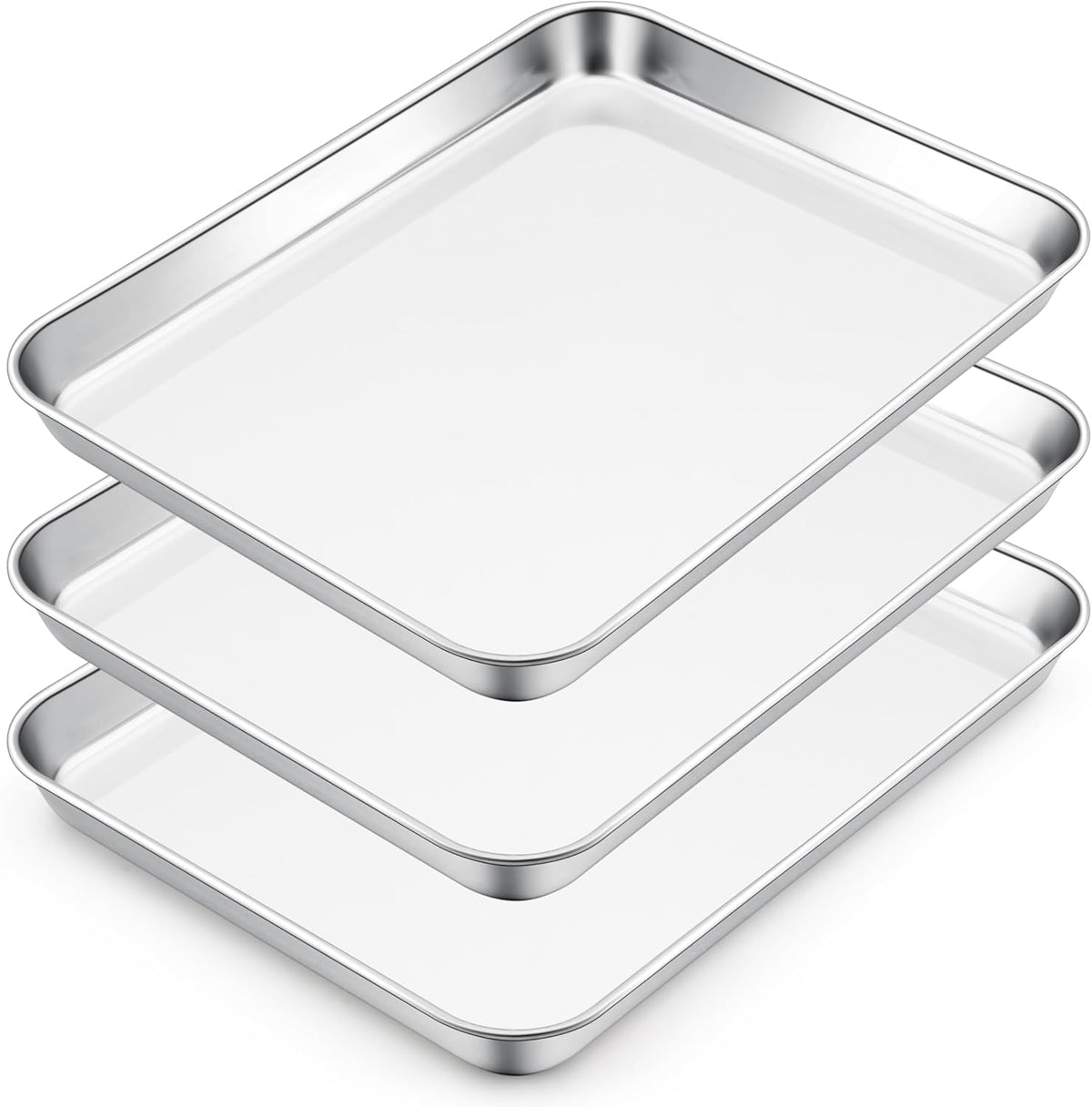 E-far Small Baking Sheet Set of 3, 10.5”x8.3” Stainless Steel Cookie Sheets Pans, Compact Non-toxic Metal Toaster Oven Trays for Cake, Healthy & Rust Free, Mirror Finish & Dishwasher Safe