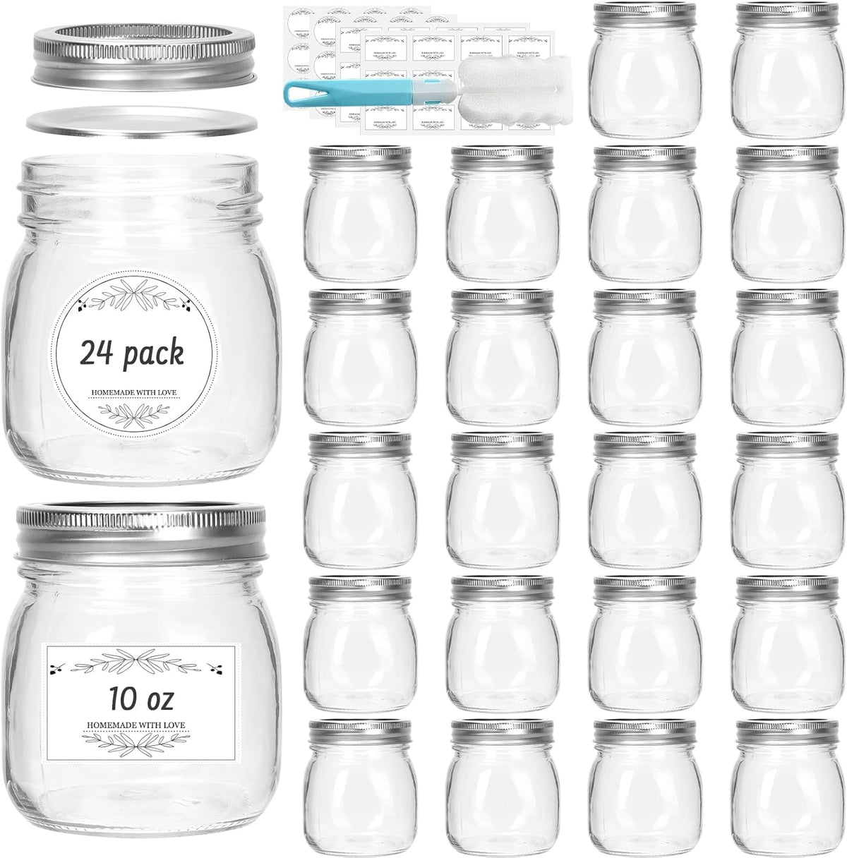 10 oz Glass Mason Jars, 24 Pack Regular Mouth Glass Canning Jars with Silver Aluminum Lids and Bands, Airtight Jam Jars for Food Storage, Pickling, Fermenting, Honey, Jelly, DIY Candles Decor