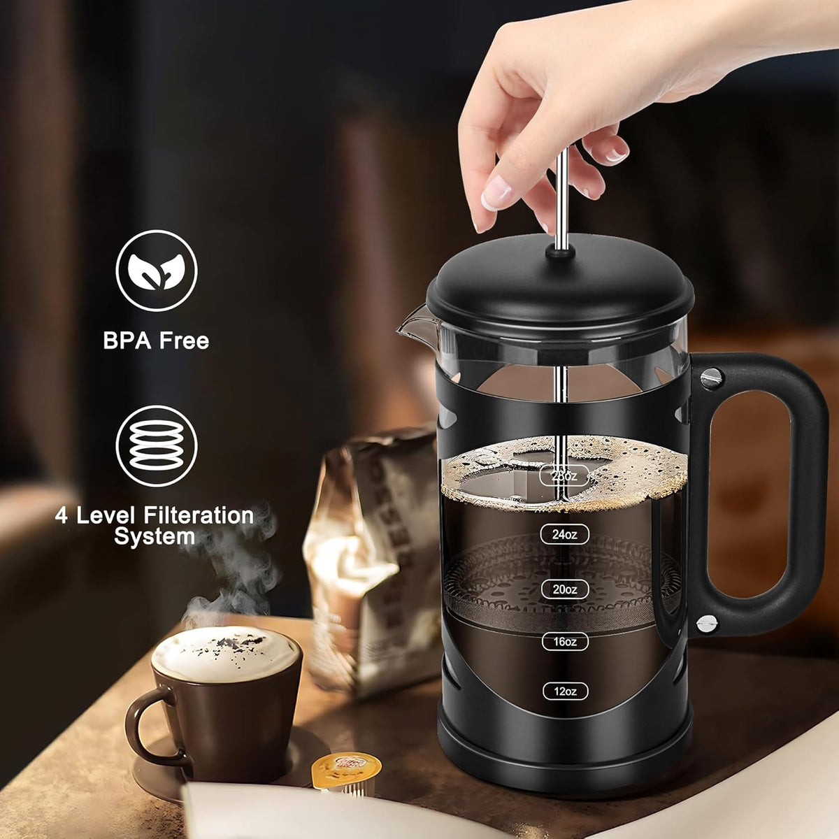 34 Ounce French Press Coffee Maker Black Stainless Steel Coffee Press, with 4-Level Filter System, Heat Resistant Thickness Borosilicate Glass, BPA-Free Brewed Coffee Pot for Camping Gifts
