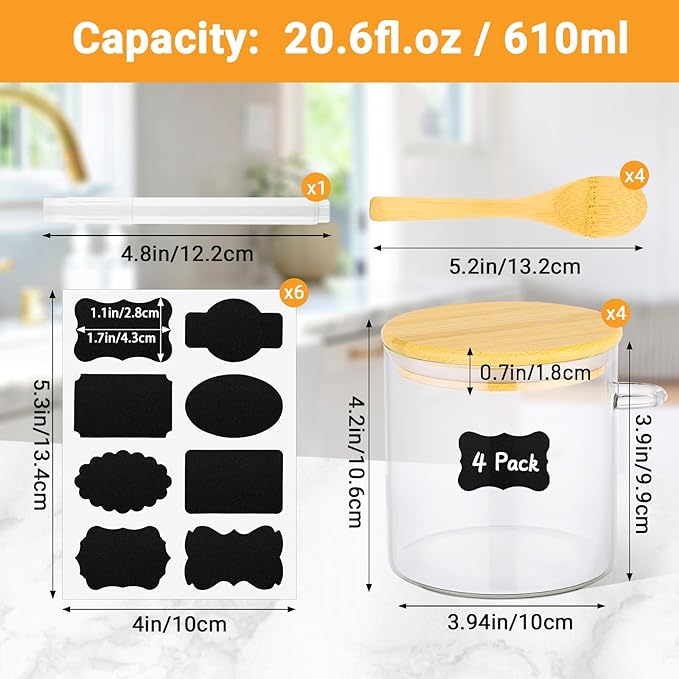 Glass Jars with Bamboo Lids Set of 4, 20 Fl.oz Round Glass Mason Jar with Airtight Lid and Spoon, Stackable Pantry Canister for Coffee, Sugar, Spice, Oats, Candy, Clear Loose Tea Containers