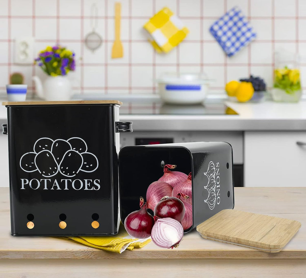 Kitchen Vegetable Storage Tins Set of 2 for Potatoes, Onion, with wooden lid Garlic Bin Caddy, Long Shelf Life-Black