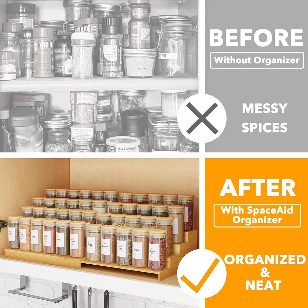 SpaceAid 4 Tier Bamboo Spice Rack Organizer for Cabinet, Kitchen Pantry Spices Storage Rack for Cabinets Organization, Home Seasoning Tiered Can Goods Racks Wood Shelf Organizers (4 Tier, Natural)