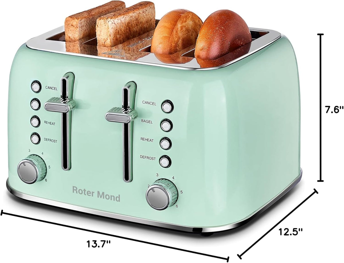 Toaster 4 Slice Retro Stainless Steel with Extra Wide Slots Bagel, Defrost, Reheat Function, Dual Independent Control Panel, Removable Crumb Tray, 6 Browning Levels, Aqua Green