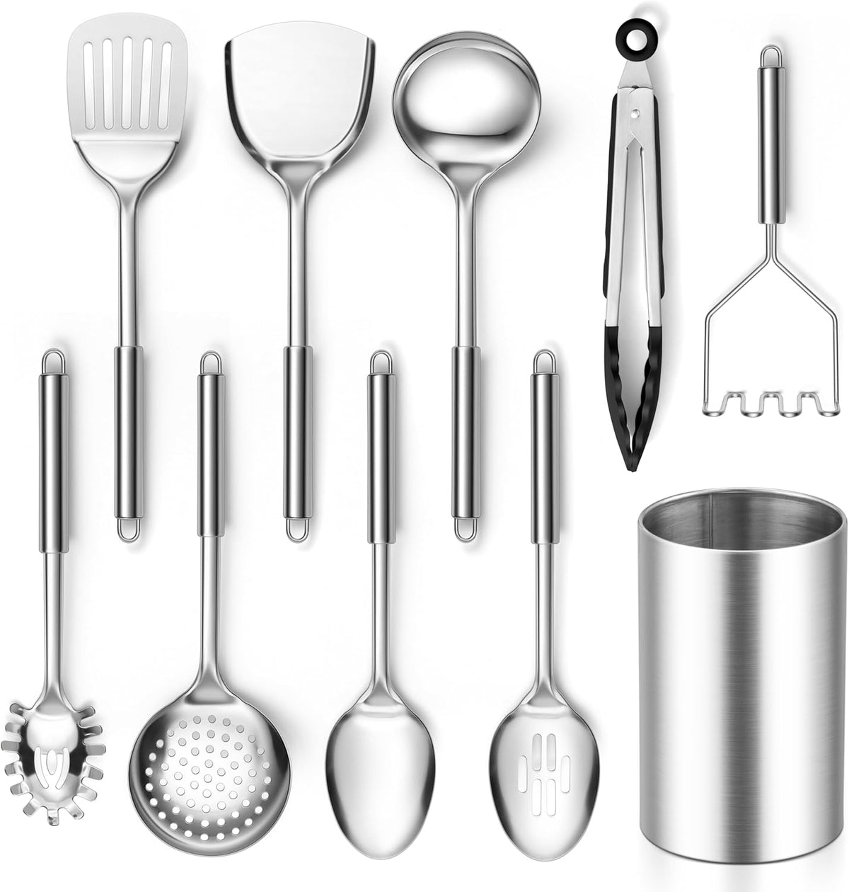 E-far Cooking Utensils Set, 10-Piece Stainless Steel Kitchen Utensils with Holder, Metal Heat Resistant Kitchen Cookware Tool Spatula Set for Cooking, Easy Clean & Dishwasher Safe