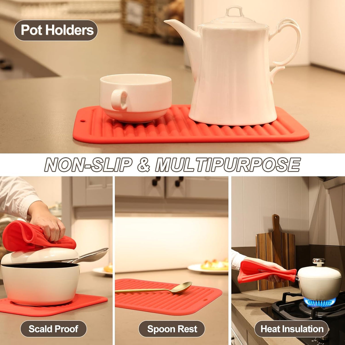 Joyhalo 4 Pack Silicone Trivets for Hot Pots and Pans,480℉ Heat Resistant Trivets for Hot Dishes,Hot Pads for Countertop,Kitchen Potholders,Red