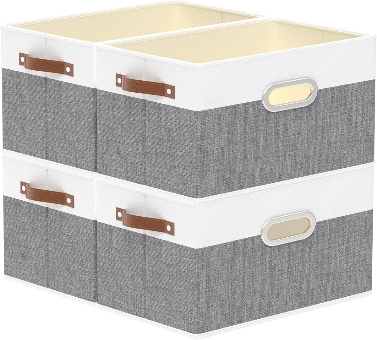 Yawinhe Fabric Storage Baskets, Foldable Closet Organizer for Shelves, Large Boxes with 3 Handles, Canvas Bins for Clothes, White/Grey, 12.99''Lx9.05''Wx7.87''H, 4-Pack