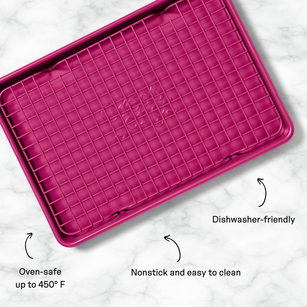 Great Jones Little Chill Wire Cooling Rack (Raspberry) | Nonstick Baking Rack, Heavy-Duty Aluminized Steel | Fits Quarter-Sheet Pans for Cooking and Baking | Oven-Safe 450°F, Dishwasher-Friendly