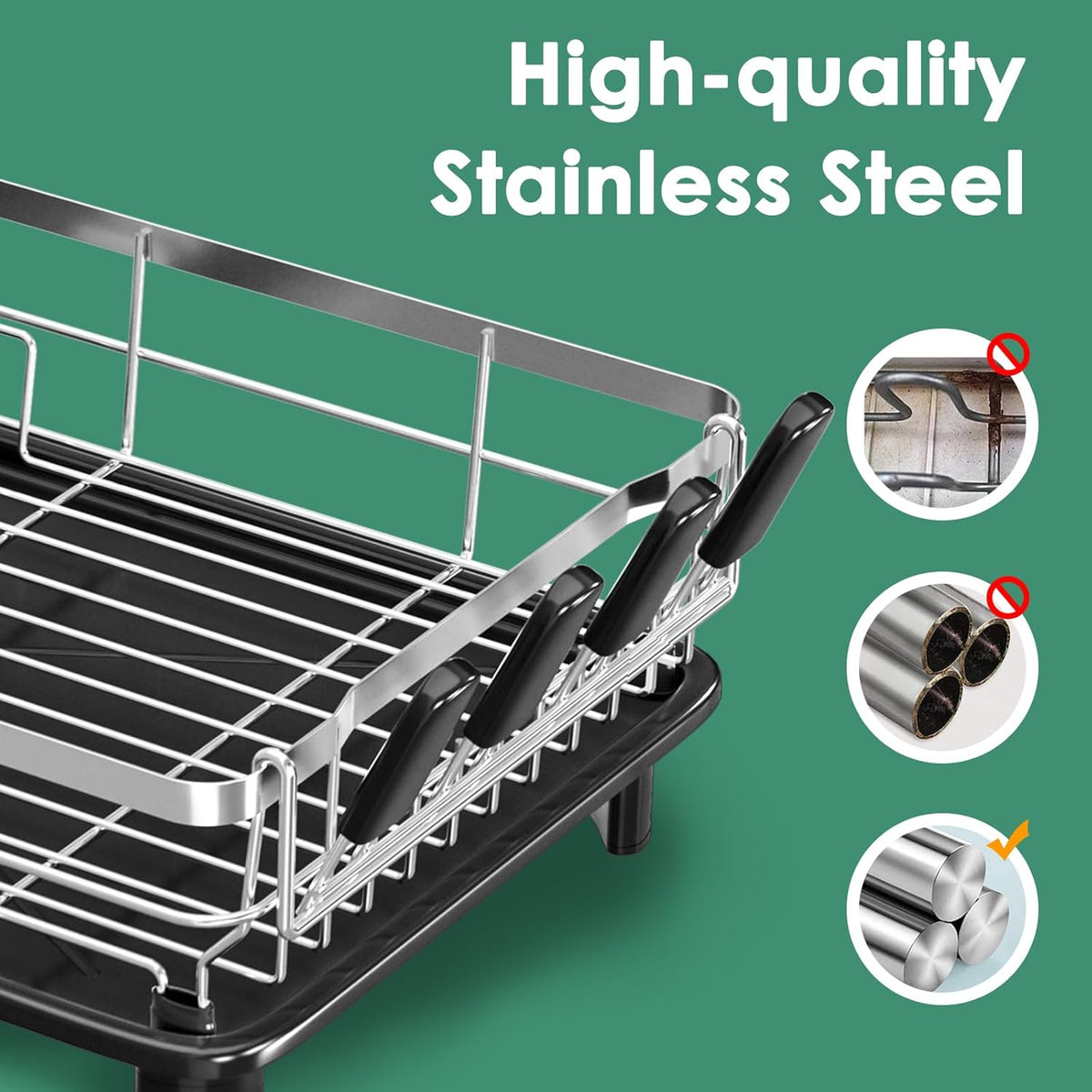 MOUKABAL Dish Drying Rack - Stainless Steel Dish Rack, Dish Racks for Kitchen Counter, Drying Rack Kitchen with Removable Utensil Holder, Drainboard and Glass Organizer (Black)
