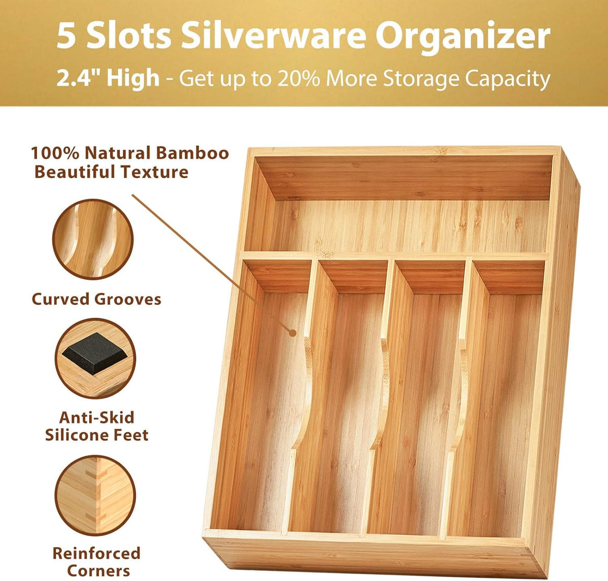 Umilife Kitchen Drawer Organizer, 10 Inch Silverware Utensil Tray Holder, Extra Deep, with Non-Slip Feet & Grooved Drawer Divider, 5 Slots Total Bamboo Wood Caddy for Flatware Cutlery Knives