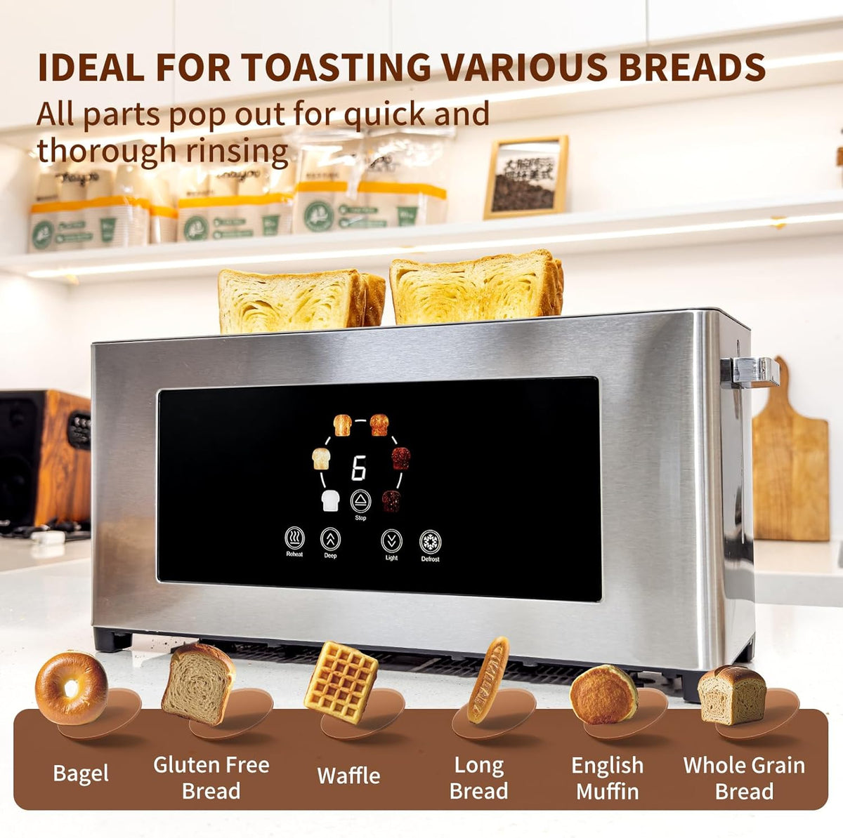 Touch Screen Toaster with LCD Display, Slim Toaster 2 Slice - Long 10" Slot for Baguettes & Extra Wide 1.6" Slot, 6 Browning Levels, 1200W, Space Saving
