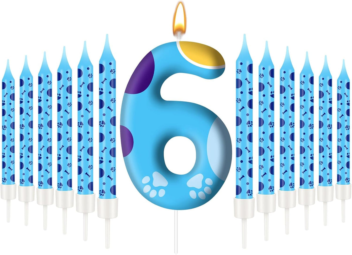 13PCS Blue Dog Paw Birthday Candles Set Cake Topper Numeral Birthday Candles for Boy Girl Dog Paw Decoration(Number 6)