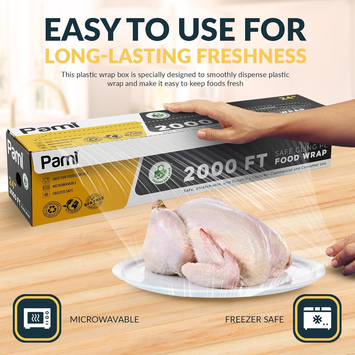 PAMI 24"X2000ft Clear Plastic Cling Wrap for Food, Bulk Commercial Food Wrap with Dispenser, Bpa-Free, Microwave & Freezer Safe