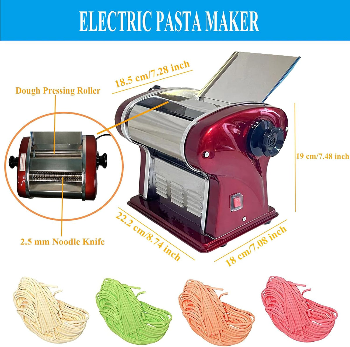 XINGYUEXUAN Electric Pasta Maker Noodle Machine with 1 Blades of 2.5 mm Round, 9 Gear Thickness Adjustment 0.3-4 mm for Pasta Noodle Dumpling (red)