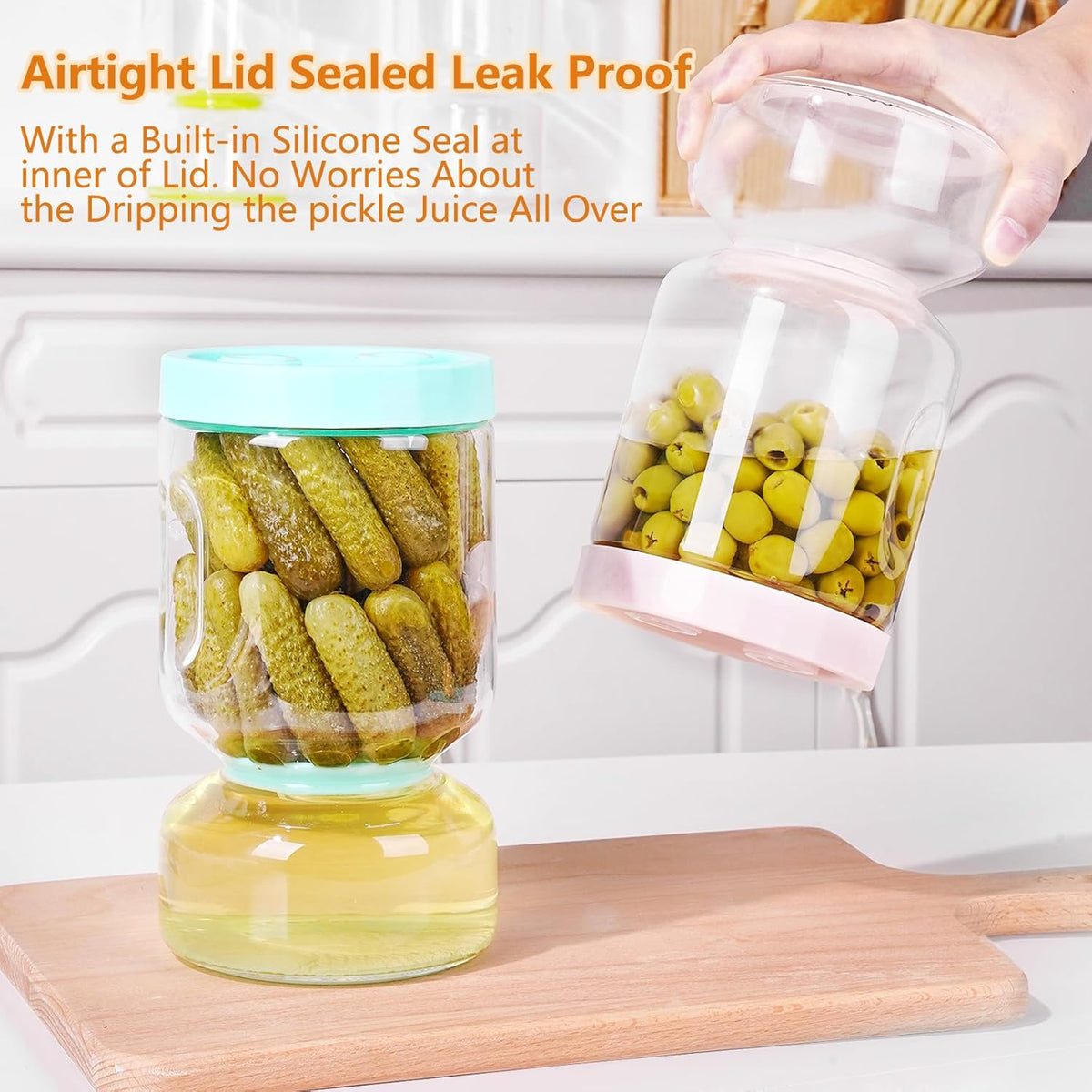 ZENS Glass Pickle Jar with Strainer Flip, 2 Pack Pickle Container Olive Hourglass Jars, Airtight Pickle Juice Separator from Wet and Dry, Pickles Storage Jar 51oz