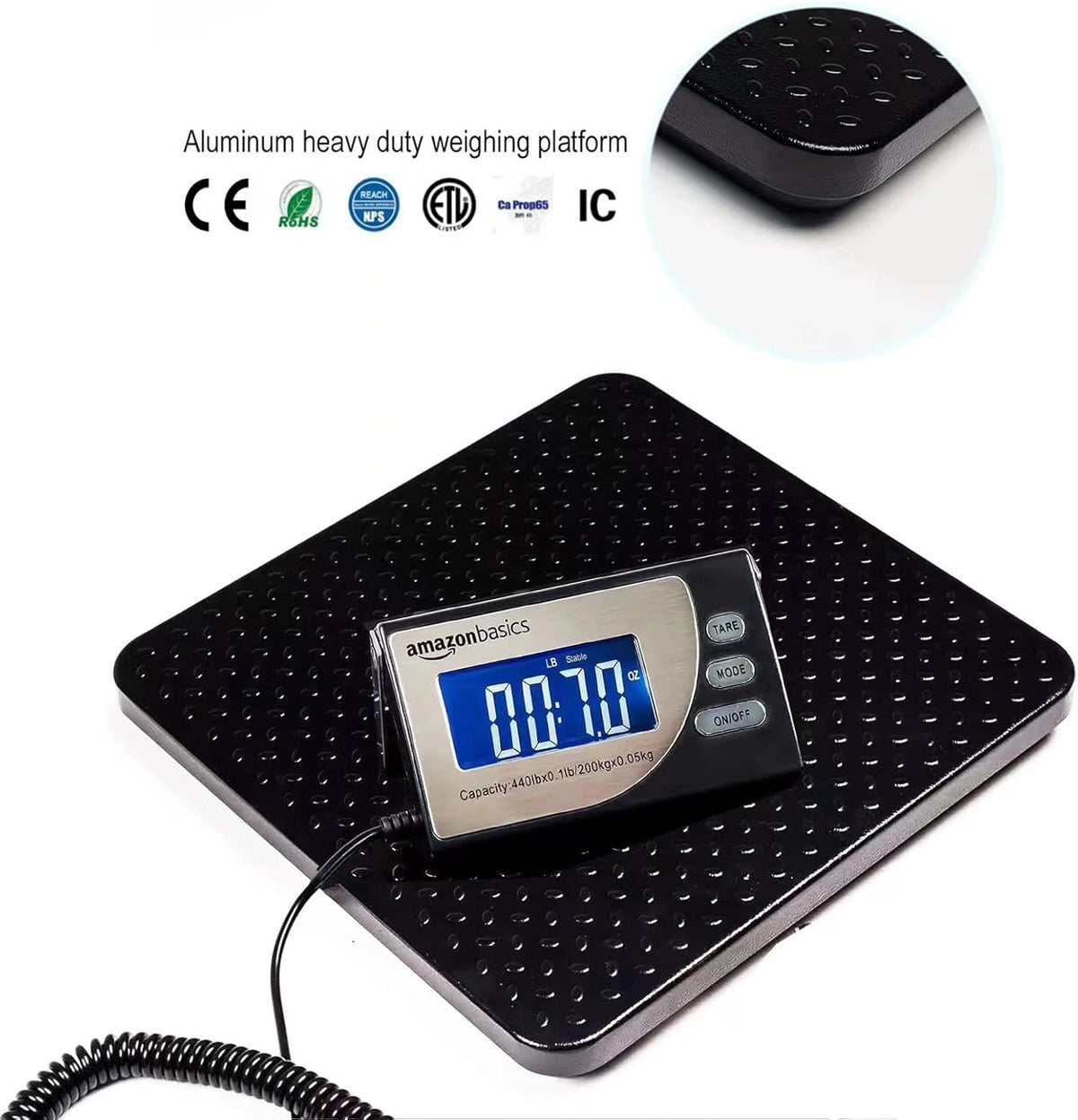 Amazon Basics Digital Postal Scale, Heavy Duty, Aluminium Platform, 440 lb Capacity, 1 Ounce Readability, Black