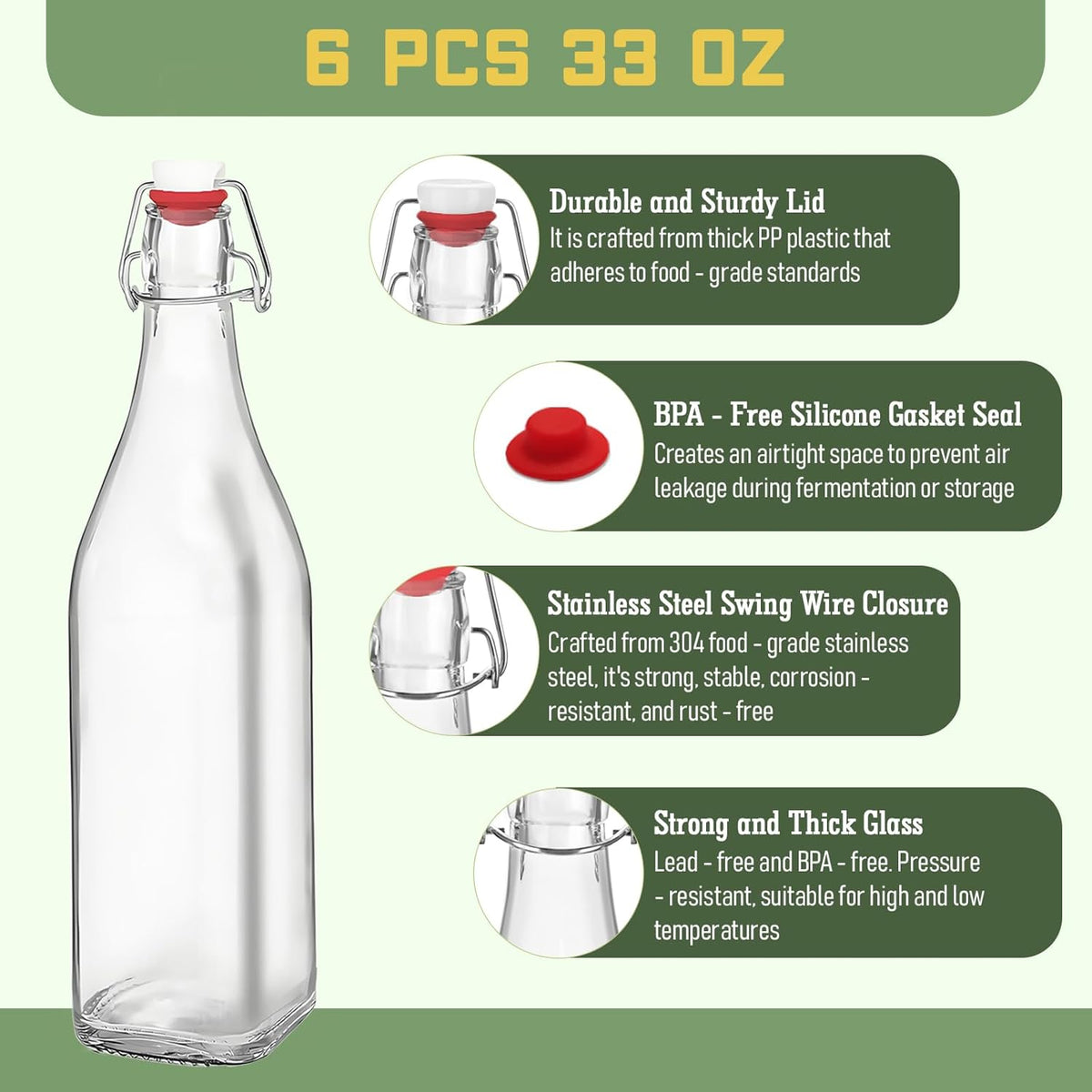 6 Pack [1 Liter / 33 fl. oz.] Square Swing Top Glass Bottles–Airtight Flip Top Brewing Bottles for Kombucha, Beer, Wine, Kefir, Soda, Liquor–Includes Funnel, 2 Pourers, 6 Seals, 8 Labels & Jute Twine
