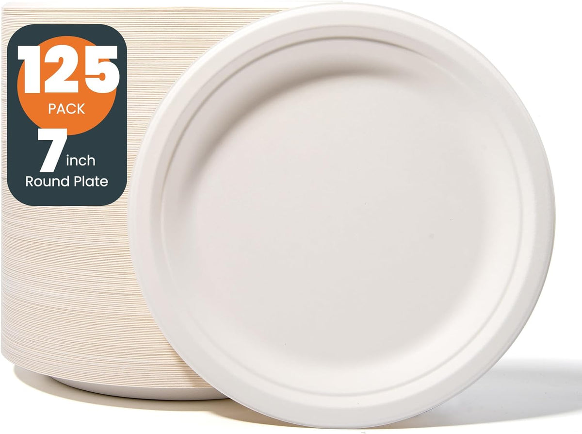 100% Compostable 7 inch Paper Plates, [125-Pack] Disposable Dessert Plates, (BPI Certified)-Heavy Duty, Eco-Friendly Small Paper Plates, Biodegradable Sugarcane Plates, white