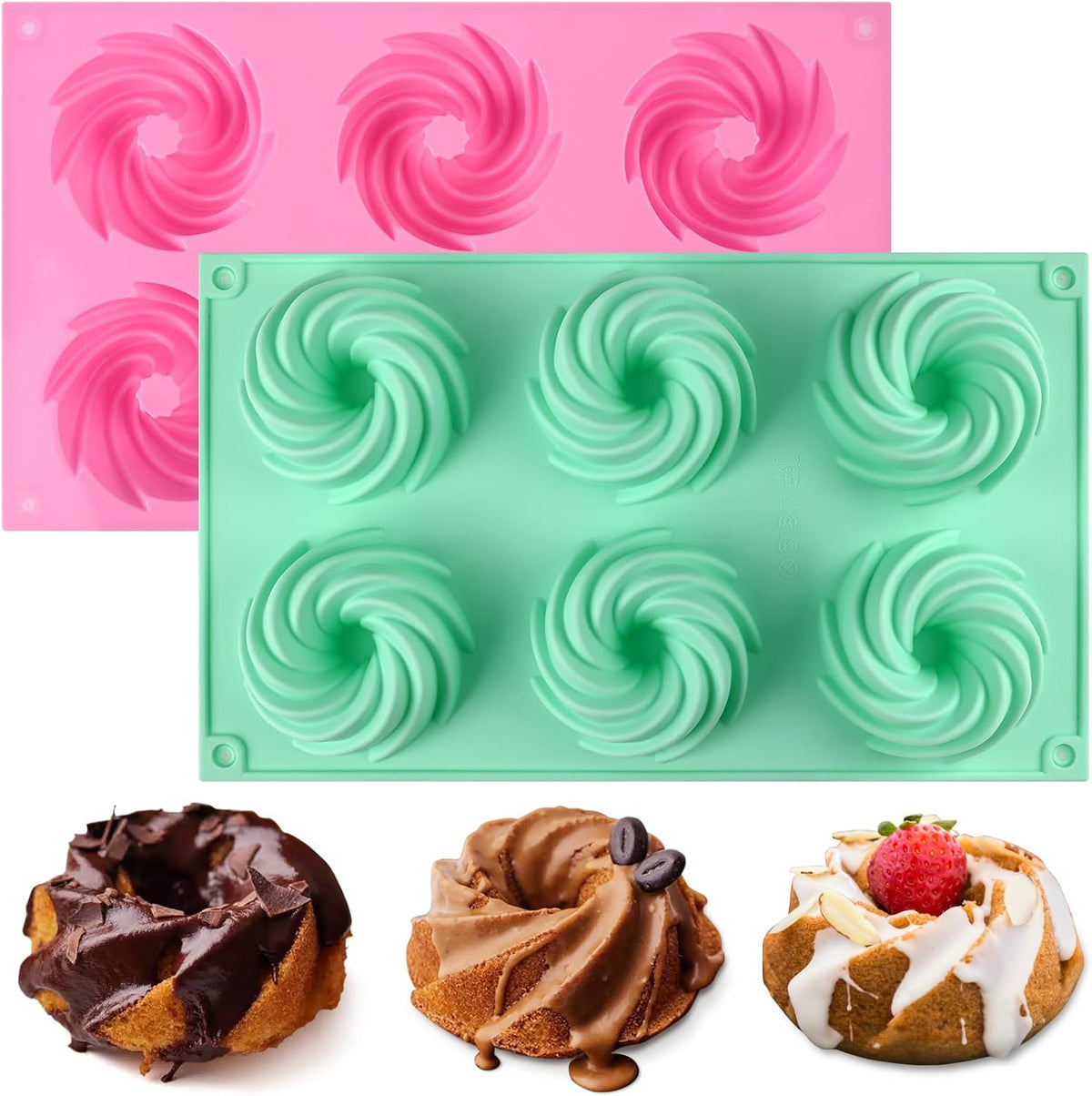 HUAKENER 2 Pcs Mini Fluted Cake Pan, 6-Cavity Fluted Cake Mold, Non-stick Silicone Baking Mold for Cupcakes, Donuts, Cornbread, Brownies, Jellies