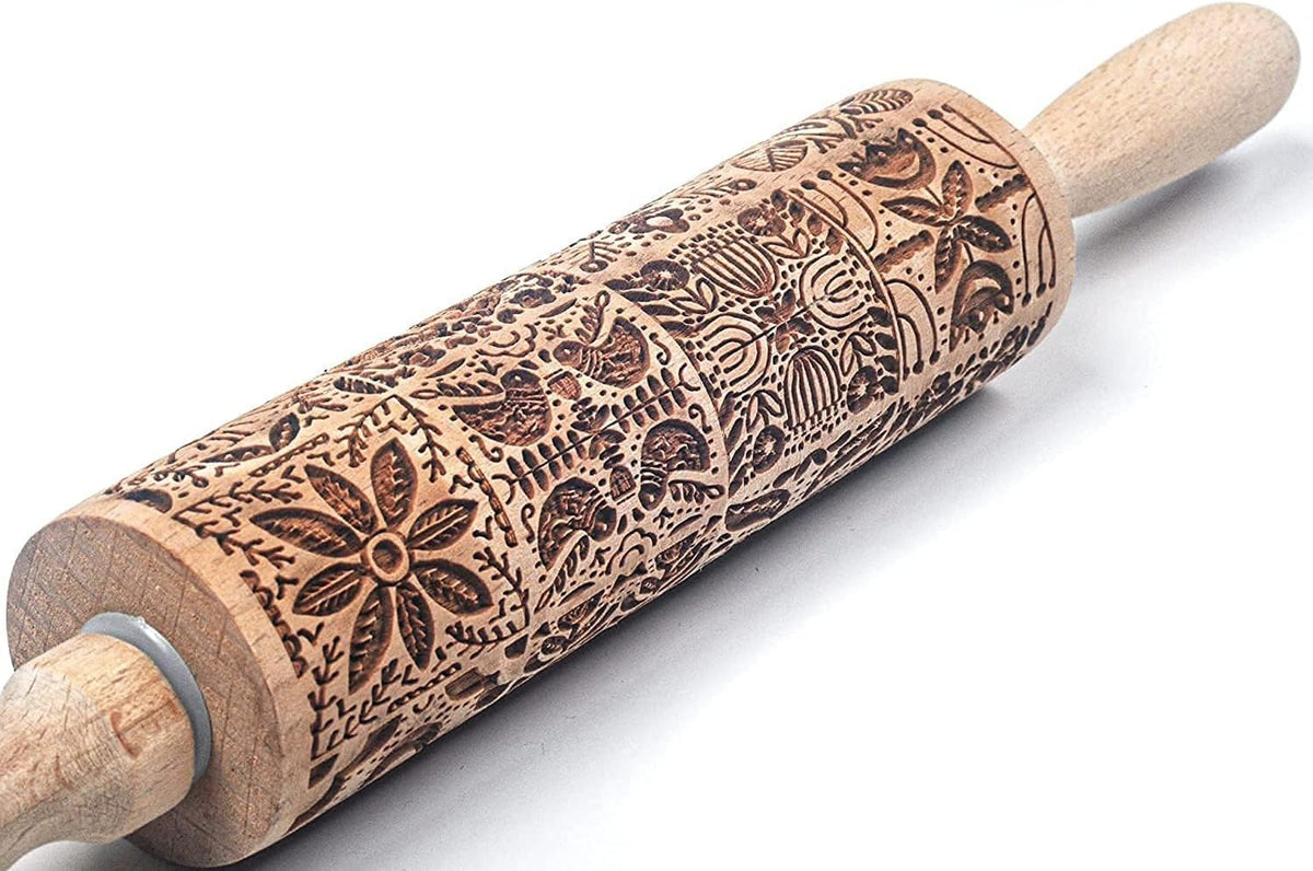 Christmas Wooden Rolling Pin for Baking Engraved Embossing Rolling Pin Cookie Stamps Roller Square Grid Cookies Mold Kitchen Decor Tools for Baking Embossed Cookies (European Fashion)