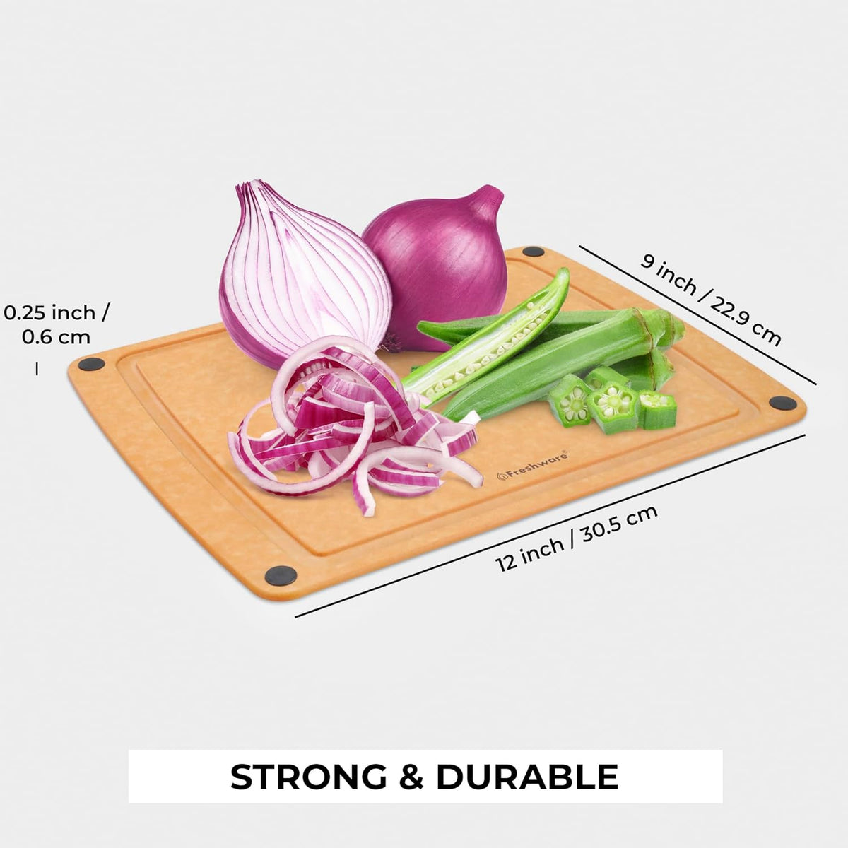 Freshware Wood Cutting Board for Kitchen, Juice Groove, Non-Slip Silicone Feet, Dishwasher Safe, Medium, 12" x 9", Natural