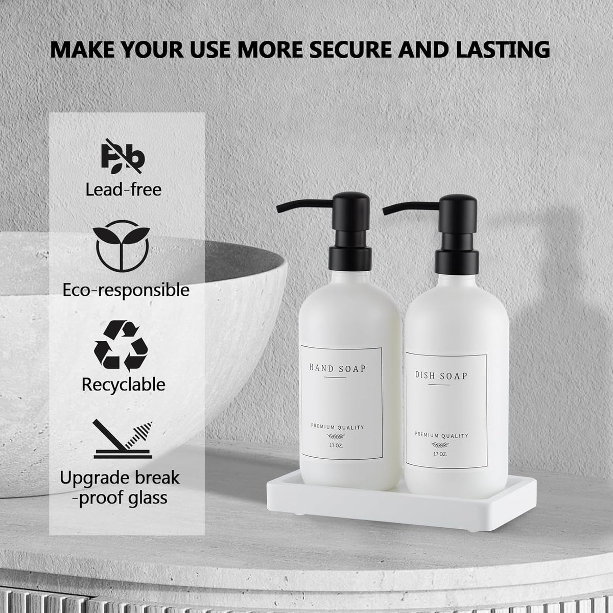 Thick Glass Soap Dispenser - Kitchen Dish Hand Soap Dispenser Set,Rustproof Pump Soap Lotion Dispenser Bathroom with Tray,14 Stickers for Kitchen Decor White Bottle/Black Pump