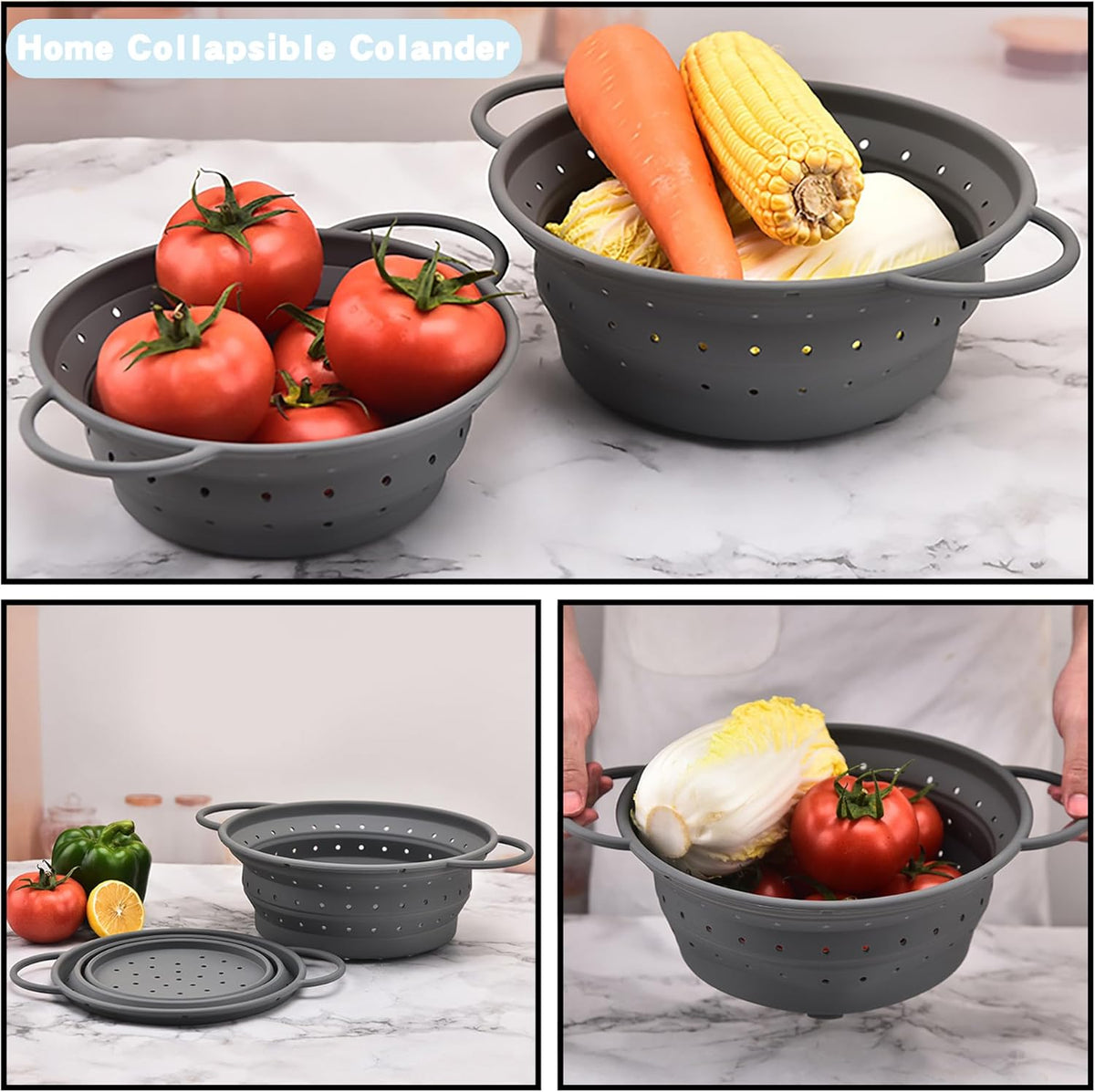 Silicone Collapsible Colander with Handle, Kitchen Colander for Easy Storage,Four-side Fast Draining Silicone Draining Basket, Perfect for Fruits Vegetables (Gray M)