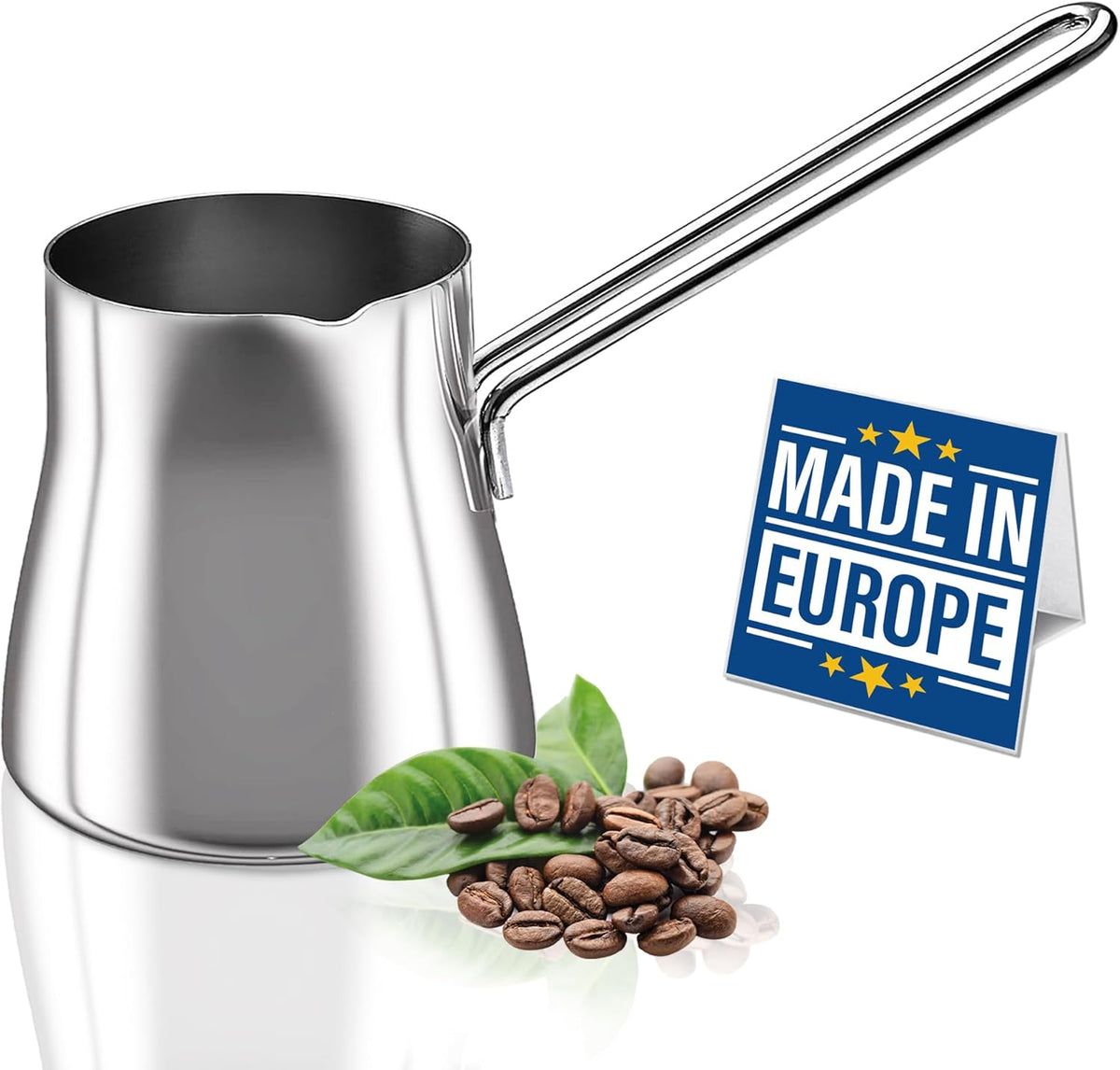 CRYSTALIA Turkish Coffee Pot 18/10 Stainless Steel, Stove Top Tea Maker, Milk Warmer, Greek Arabic Coffee Cezve Briki, 29 oz (Silver, Large)