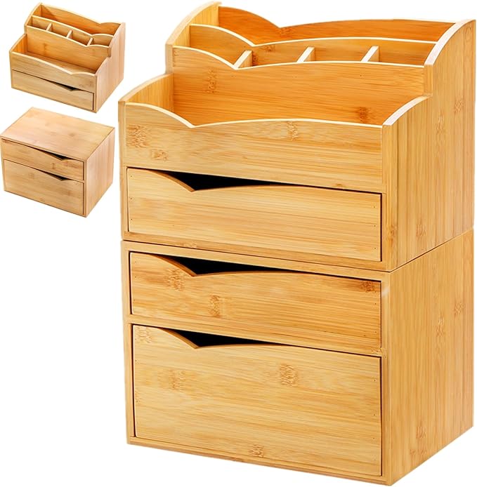 Yopay 2 Pack Bamboo Desk Organizer, Stackable Desktop Organizers with 3 Drawers, Bamboo Office Tabletop, Countertop Organization for Stationery, Makeup Vanity, Fully Assembled