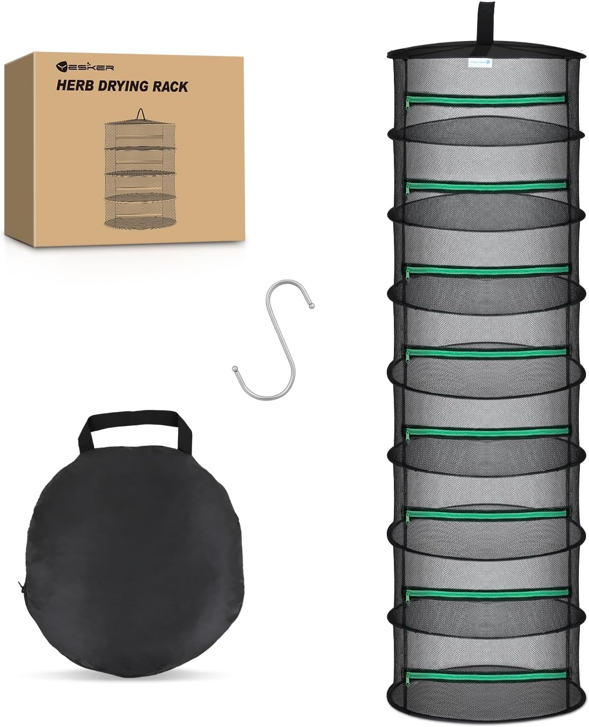 Yesker 8 Layer Herb Drying Rack Hanging Mesh Net Foldable Plant Drying Racks 24" Diameter with Green Zipper & Hook Dryer Hanging Rack for Herbs Seed Bud Fruit Clothes Grow Tent Closets Garden Outdoor