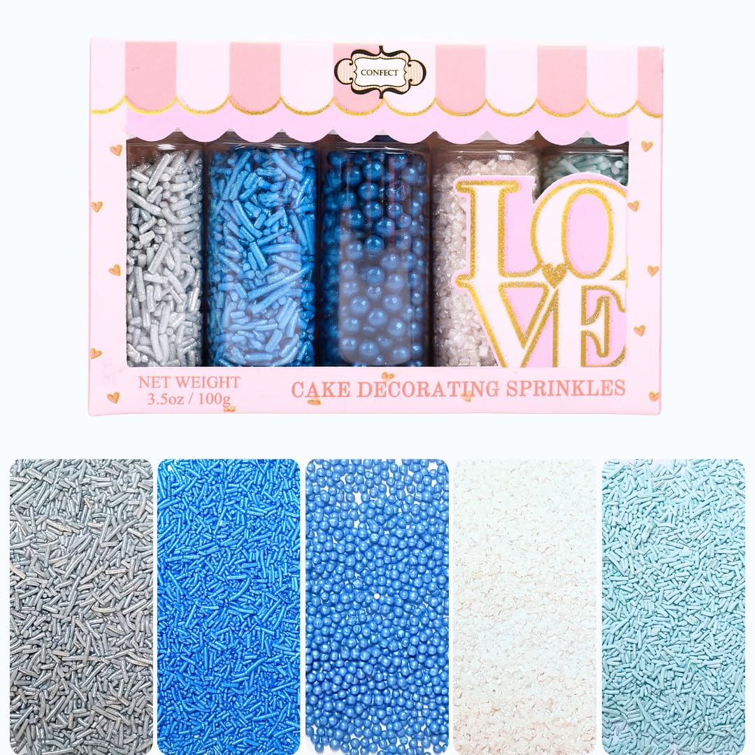 Confect Blue Sprinkles Mix – 5 Shades of Blue with Navy Dragees, Silver, Baby Blue Jimmies & White Sparkling Sugar | Edible Sprinkles for Cakes, Cupcakes & Baking | Vegan, Gluten-Free, Nut-Free, Soy-Free, Dairy-Free, Palm Oil-Free- 5 Oz
