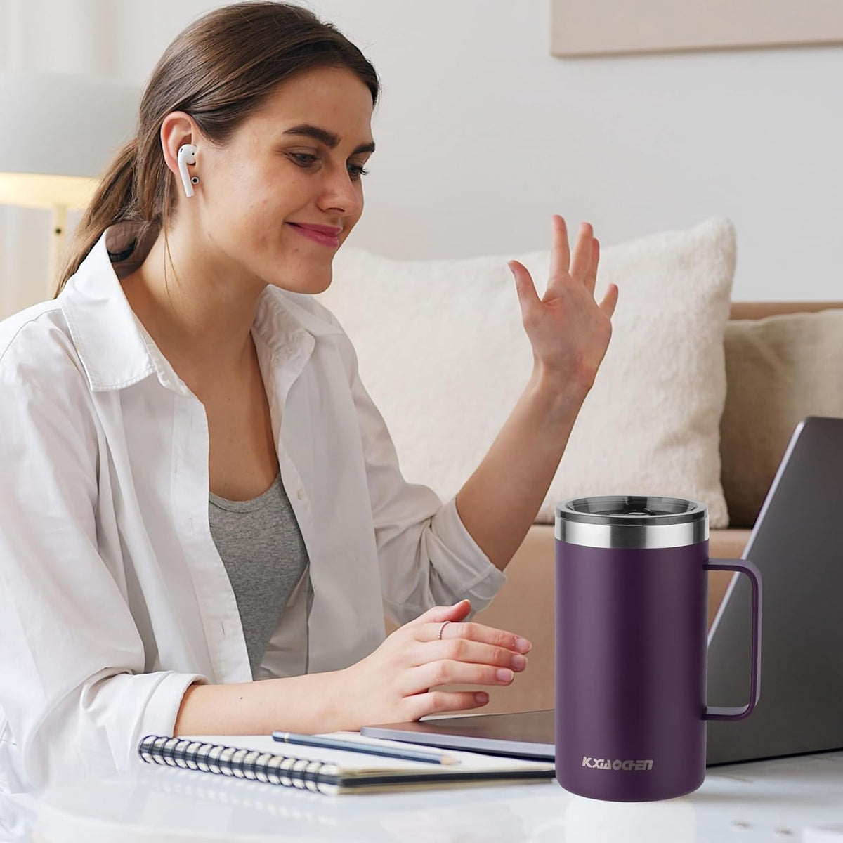 KXIAOCHEN 20oz Insulated Coffee Mug with Lid, Stainless Steel Coffee Cup, Double Wall Vacuum Coffee Tumbler with Handle, Premium Thermal Travel Coffee Mug (Purple)