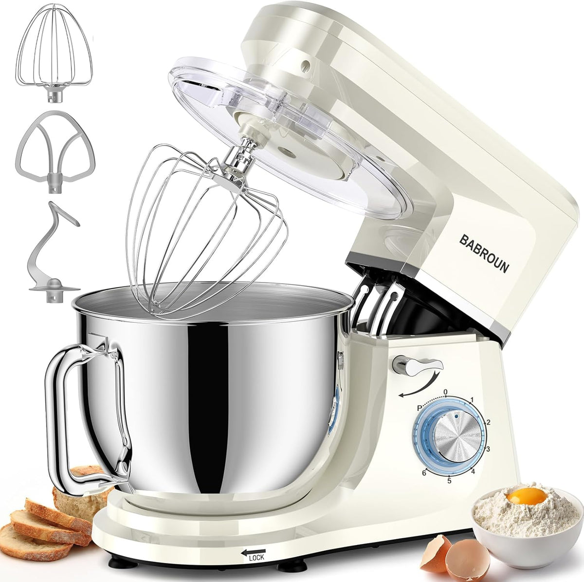 8.45 QT Stand Mixer - 660W 6 Speed Large Capacity Kitchen Electric Mixer with Whisk Dough Hook Mixing Beater Household Food Mixer for Baking Cakes Cookie Bread Salad (White)