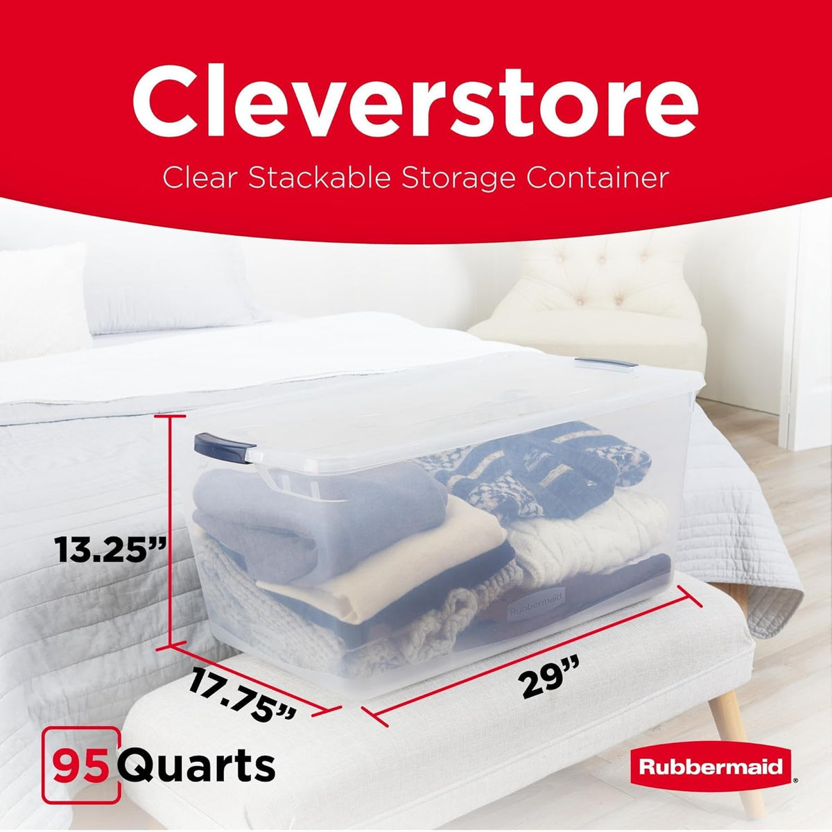 Rubbermaid Cleverstore 95 Qt Clear Storage Bins with Lids, 4-Pack, Stackable, BPA-Free, Made in USA