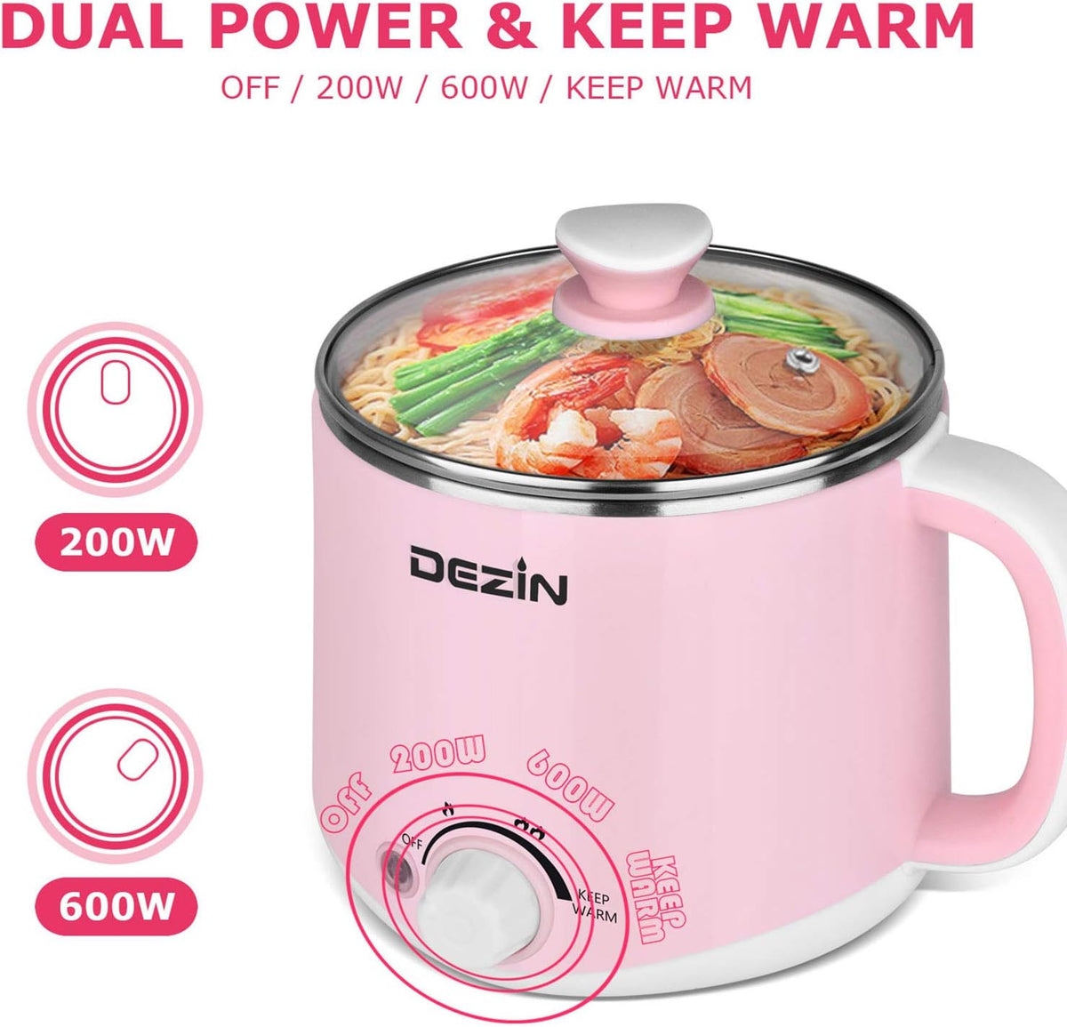 Dezin Electric Pot with Steamer, Hot Pot Electric 1.6L, Stainless Steel Cooker for Ramen, Egg, Dumpling, Soup, Oatmeal with Temperature Control and Keep Warm Function, Pink