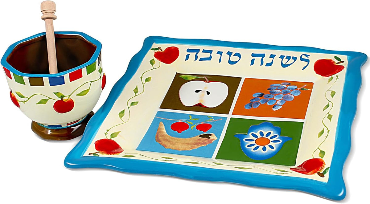 Rosh Hashanah Honey Dish Set Decorative Ceramic Plate Painted Judaic Theme Shana Tovah with Honey Bowl Jar, Wooden Dipper Rosh Hashunah Platter Jewish New Year Gift by Jessica Sporn