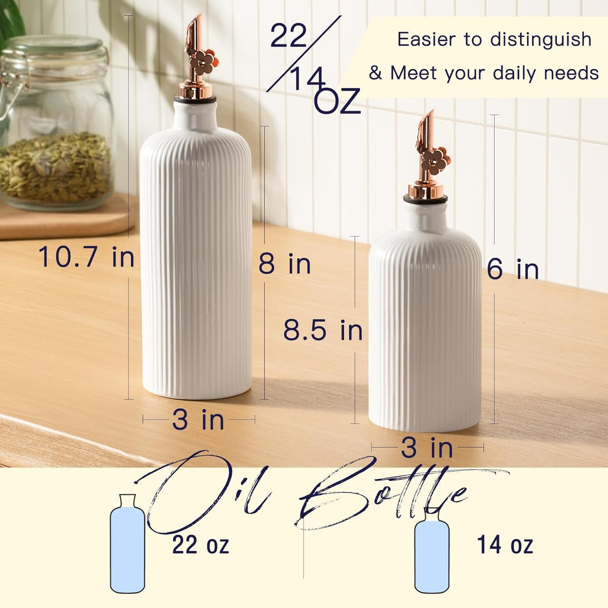 Dizada Olive Oil Dispenser Bottle for Kitchen, (22 Oz+14 Oz) Ceramic Olive Oil and Vinegar Bottles Dispenser with Stainless Steel Spout, Set of 2
