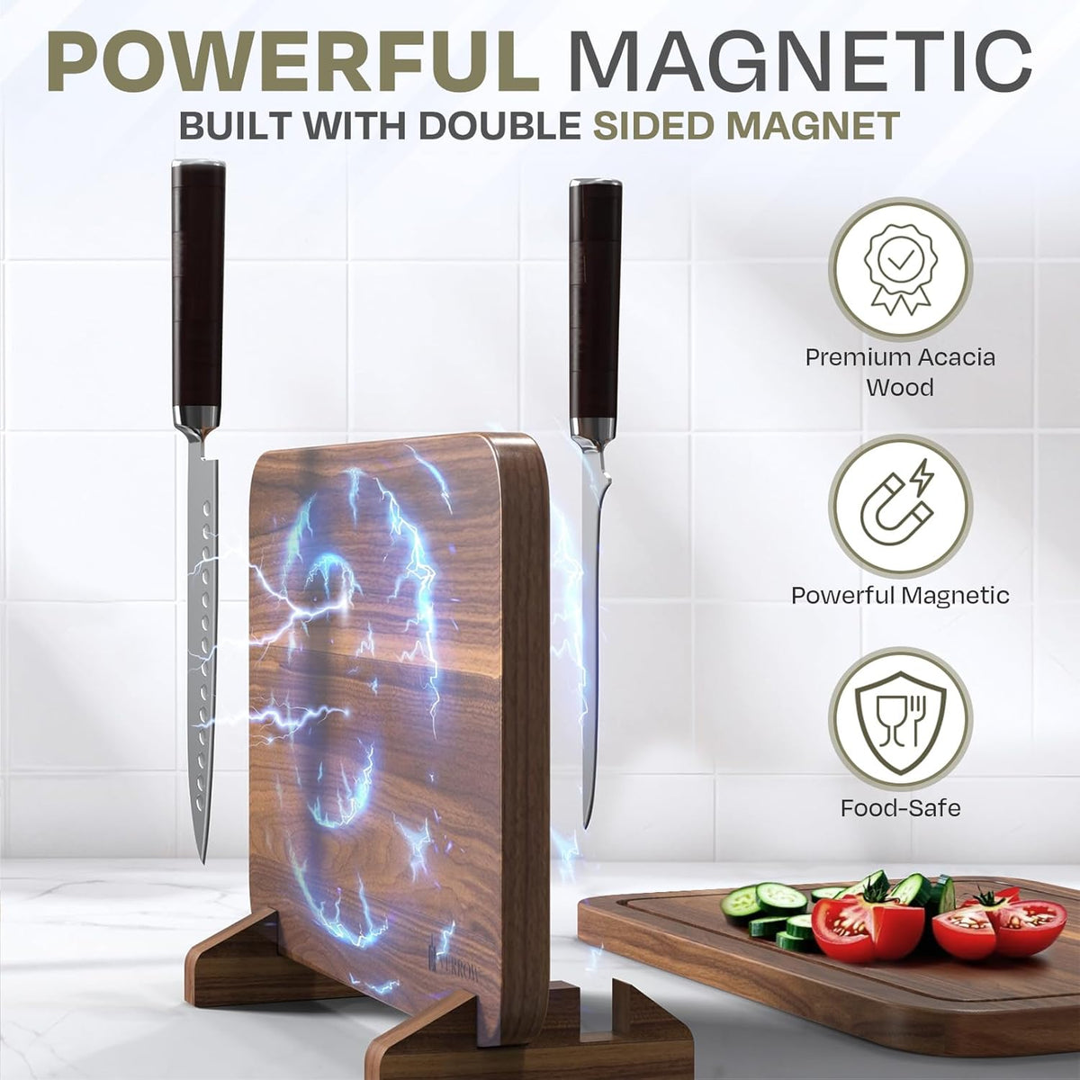 Magnetic Knife Block with Acacia Wood Cutting Board - Large 15.5x10.5x0.75In Magnetic Knife Block Set with Chopping Board Knife Holder Charcuterie Display Storage Organizer for Kitchen Counter