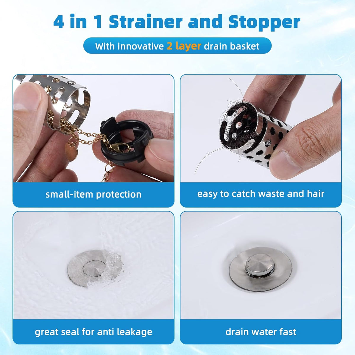 Universal Bathroom Sink Stopper Hair Catcher Upgraded with 2-Layer Detachable Filter Basket, 4 in 1 Pop Up Drain Strainer, Anti-Clog, Odor-Block, Fit for 1.1''~2.36'' Sinks, Brushed Nickel