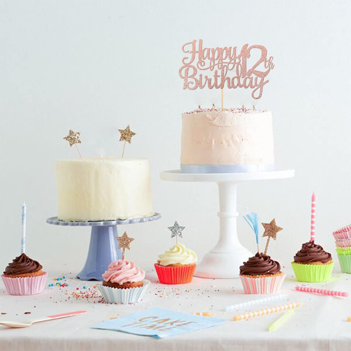 1 PCS Happy 12th Birthday Cake Topper Glitter Cheers to 12 Years Birthday Cake Pick 12 Fabulous Cake Decoration for Happy 13th Birthday Theme Party Decorations Supplies Rose Gold