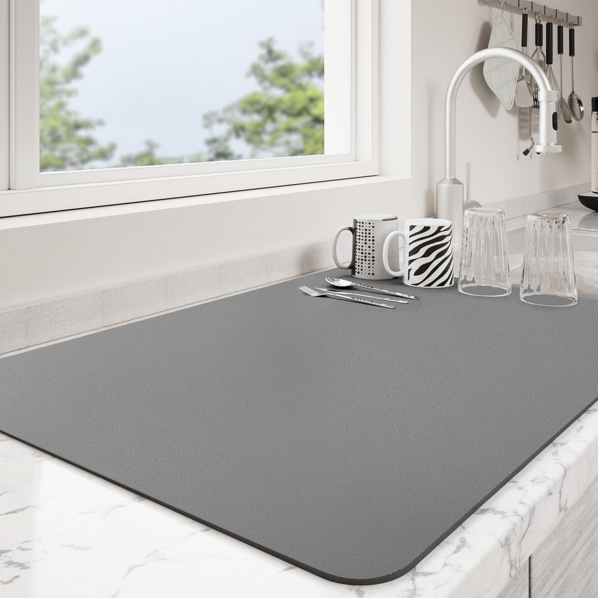 Dish Drying Mat for Kitchen Counter | Coffee Bar Mat for Countertops | Heat Resistant Drainer Mat with Non-slip Rubber Backed | Hide Stain Kitchen Absorbent Draining Mat | Dark Grey 18"x24"