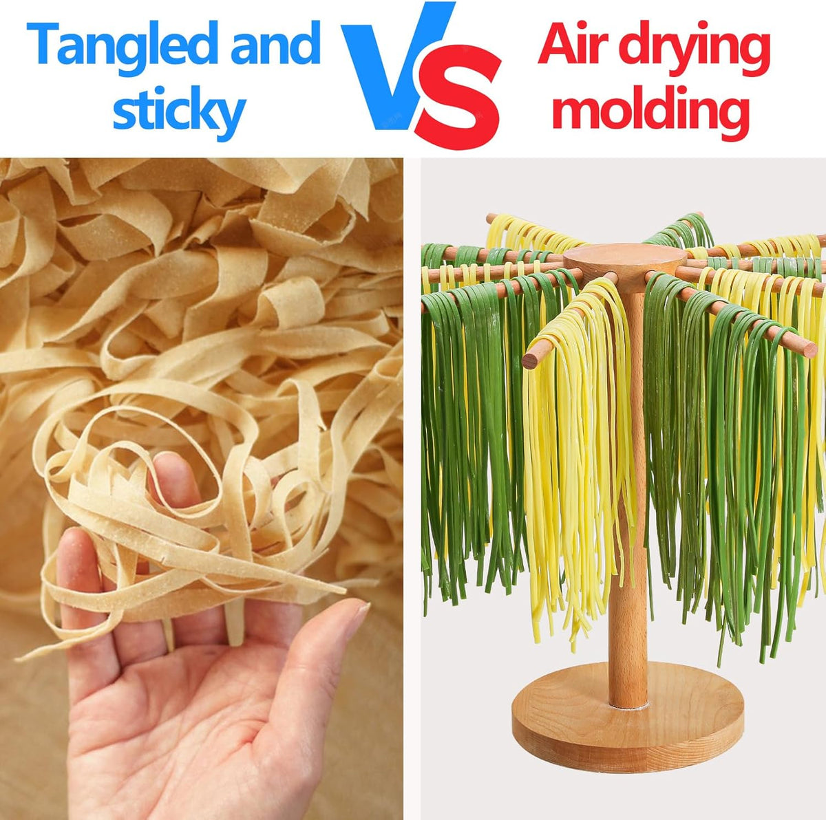 Beech Wood Pasta Drying Rack, 10-Arm Large Capacity, Detachable Fresh Spaghetti Noodle Tree Hanger, Larger Drying Area for Faster Drying Pasta, Prevents from Sticking