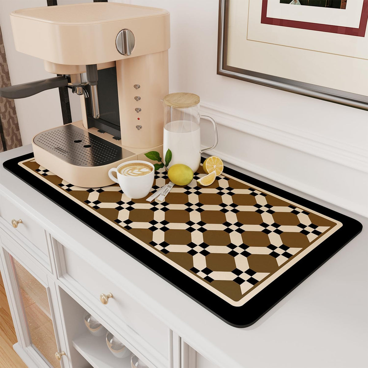 AMOAMI Coffee Mat Hide Stain Rubber Backed Absorbent Dish Drying Mat for Kitchen Counter - Fits Under Coffee Maker or Machine - PEANUT 17x31.5