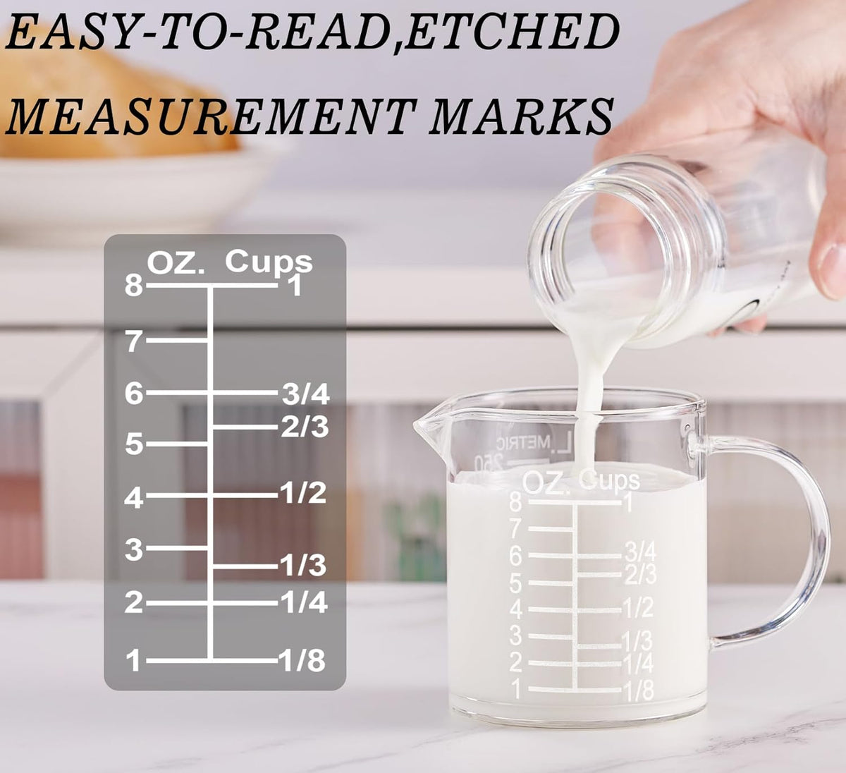 Ackers Etched Graduated Glass Measuring Cup - [Insulated Handle | V-Shaped Spout] - High Borosilicate Glass Measuring Cup for Kitchen or Dining, Easy to Read, 250ml (8oz, 1 Cup)