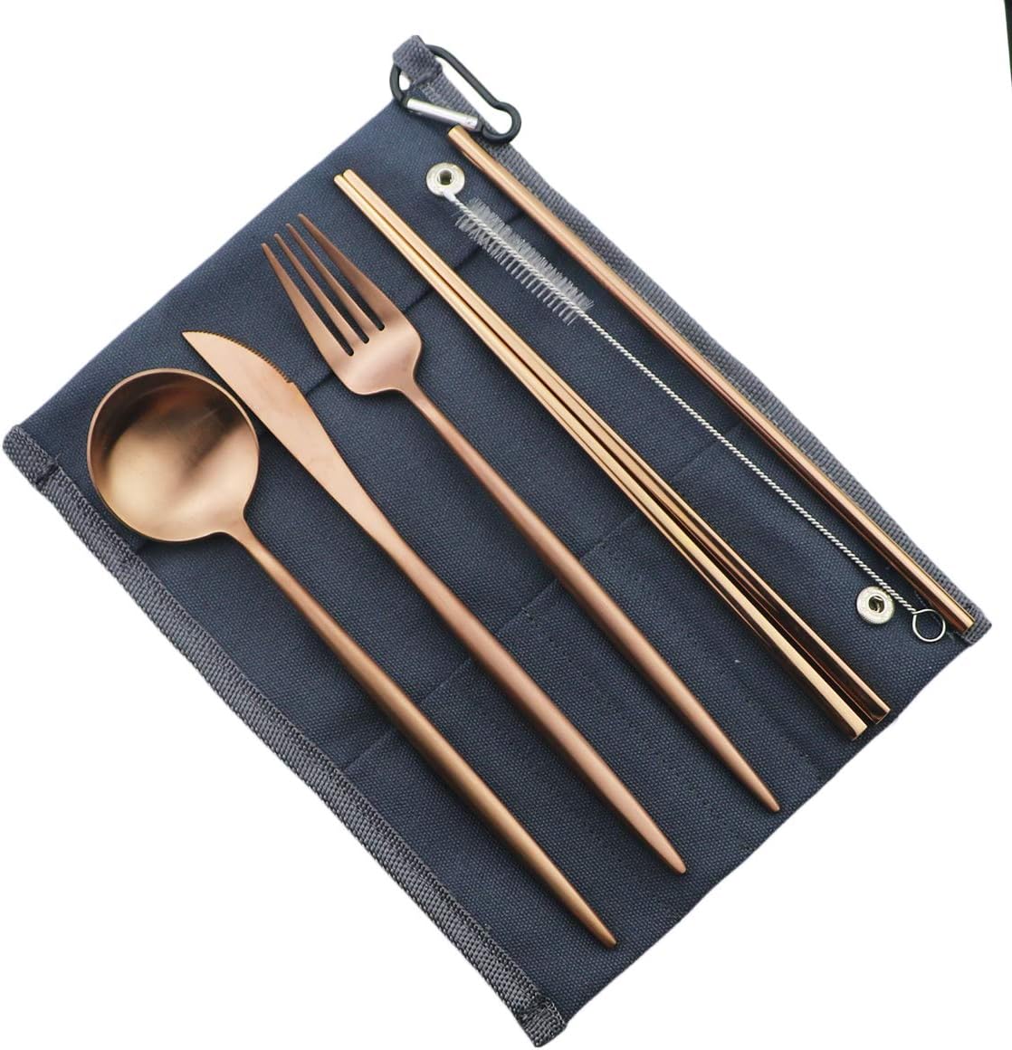 Gugrida Reusable Travel Utensils, 7 Piece Portable 304 Stainless Steel including Knife Fork Spoon Chopsticks Cleaning Brush Straws Portable Pouch, Eco-friendly Camping Silverware Set, Dishwasher Safe